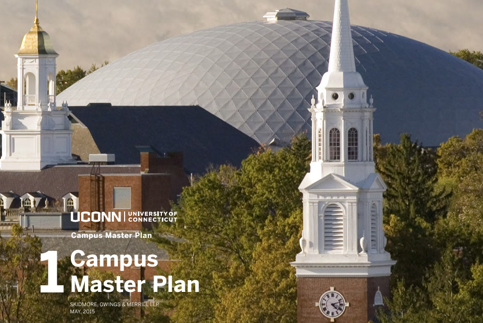 master-plan Skyline of Wilbur Cross and Gampel Pavilion, cover of the Campus Master Plan report